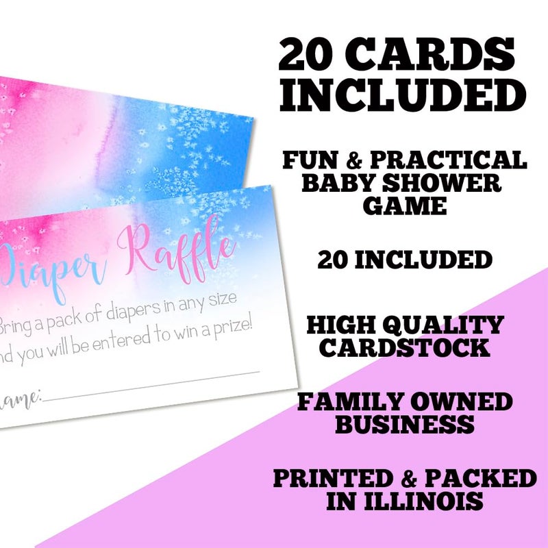 Amanda Creation Pink & Blue Watercolor Diaper Raffle Tickets for Gender Reveal Baby Showers, 20 2" X 3â€ Double Sided Insert Cards for Games by AmandaCreation, Bring a Pack of Diapers to Win Favors & Prizes! - Image 2